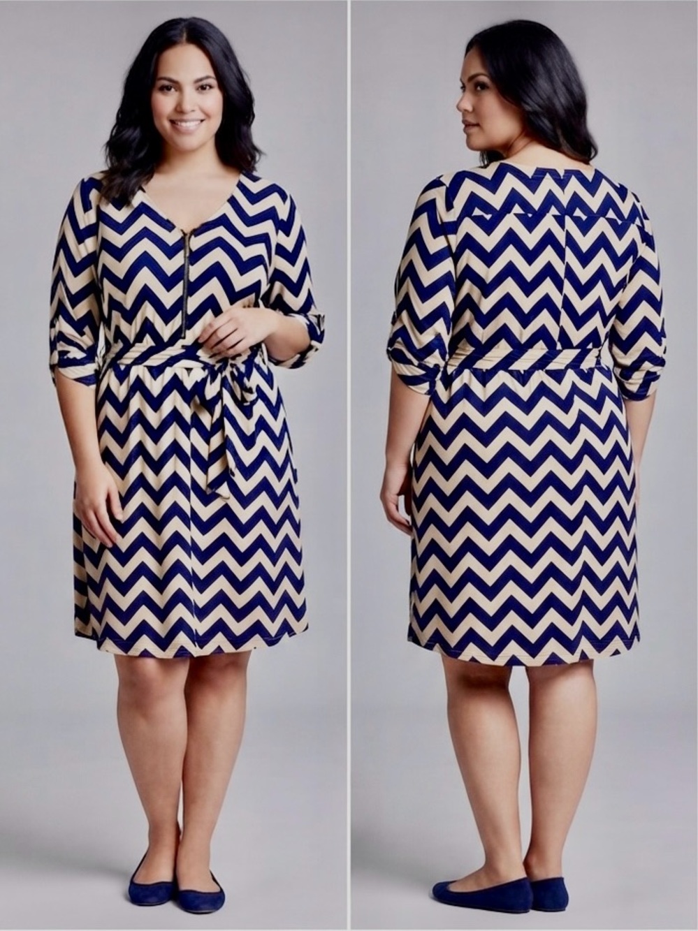 Tacera Navy and Cream Chevron Midi Dress with Waist Tie- Size 2X